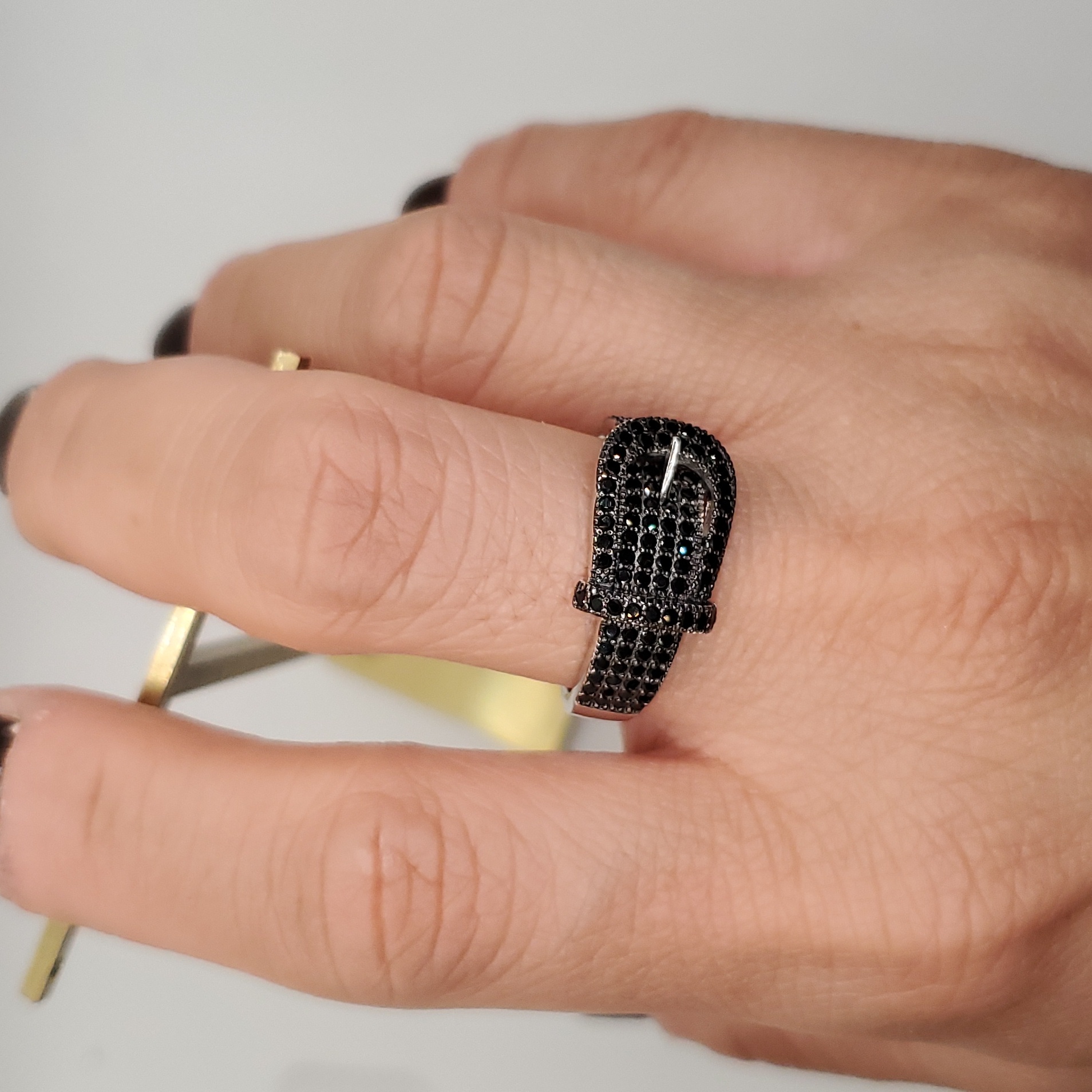 Sterling Silver Black Spinel Buckle Ring Sz 10 65$